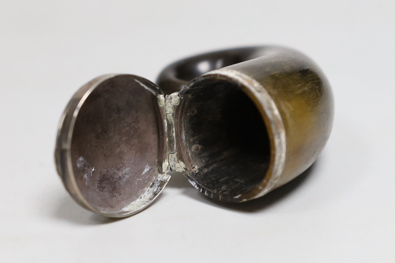 A 19th century white metal mounted horn snuff mull, engraved with name and horse, unmarked, 60mm.